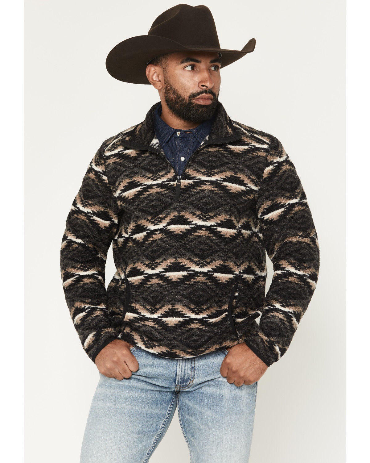 Rock & Roll Denim Men's Southwestern Berber Quarter Zip Pullover, Black, hi-res