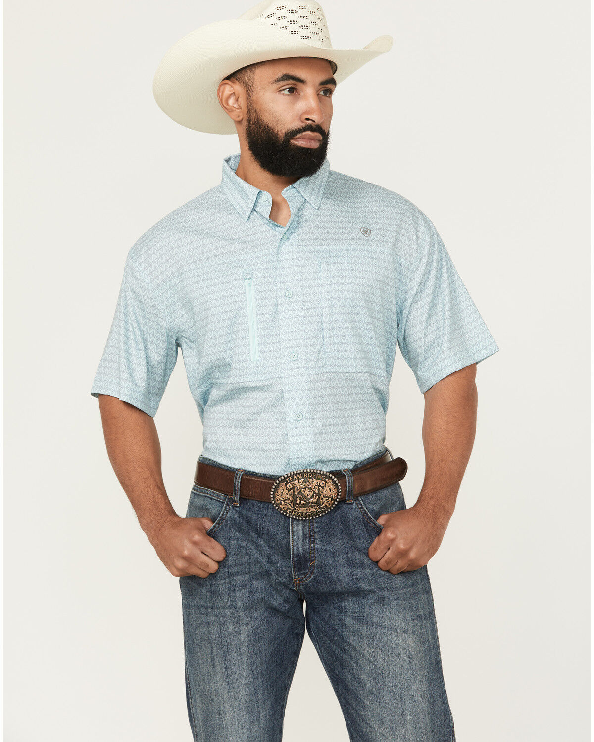 Image #1 - Ariat Men's VentTek Geo Print Short Sleeve Button-Down Western Shirt - Big, Aqua, hi-res