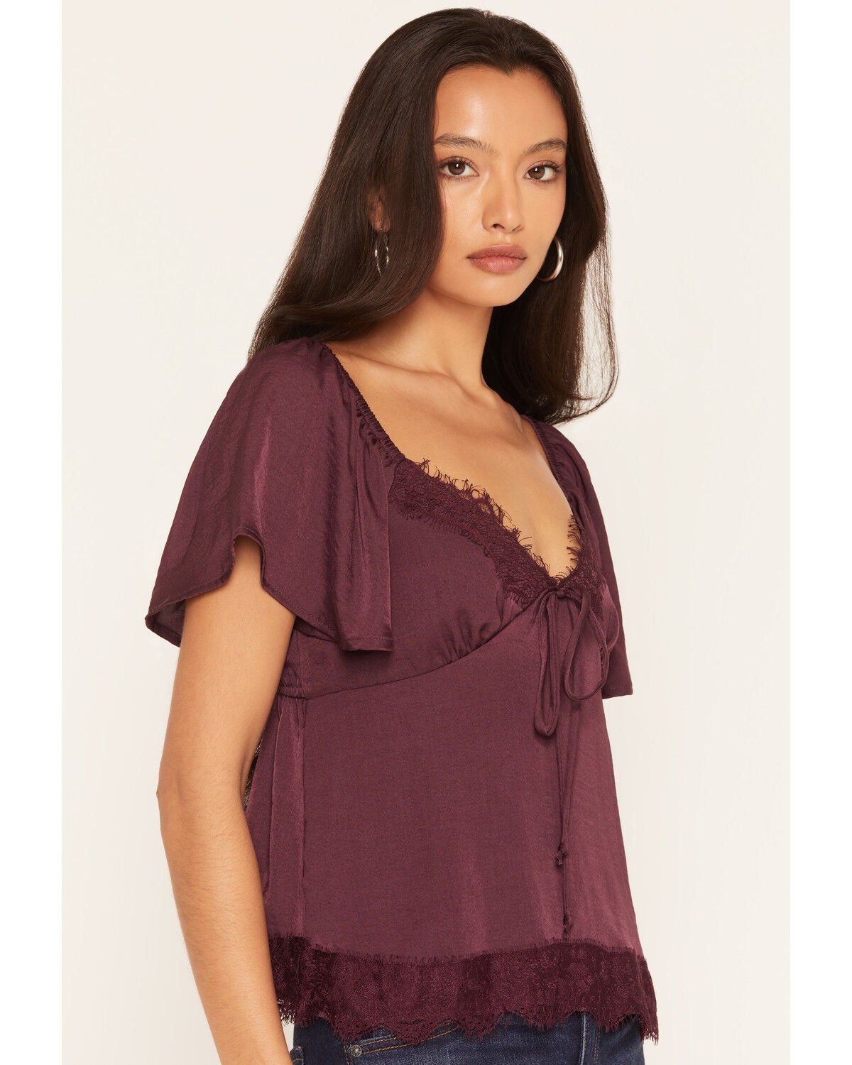 Image #2 - Wild Moss Women's Short Sleeve Lace Inset Top, Wine, hi-res