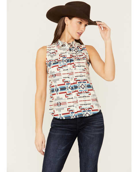 Shyanne Women's Gillette Southwestern Print Sleeveless Snap Stretch Riding Shirt, Cream, hi-res