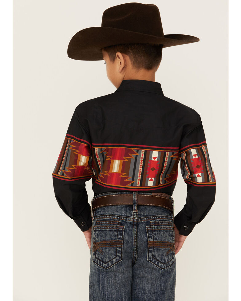 Roper Boys' Southwestern Snap Long Sleeve Western Shirt, Black, hi-res