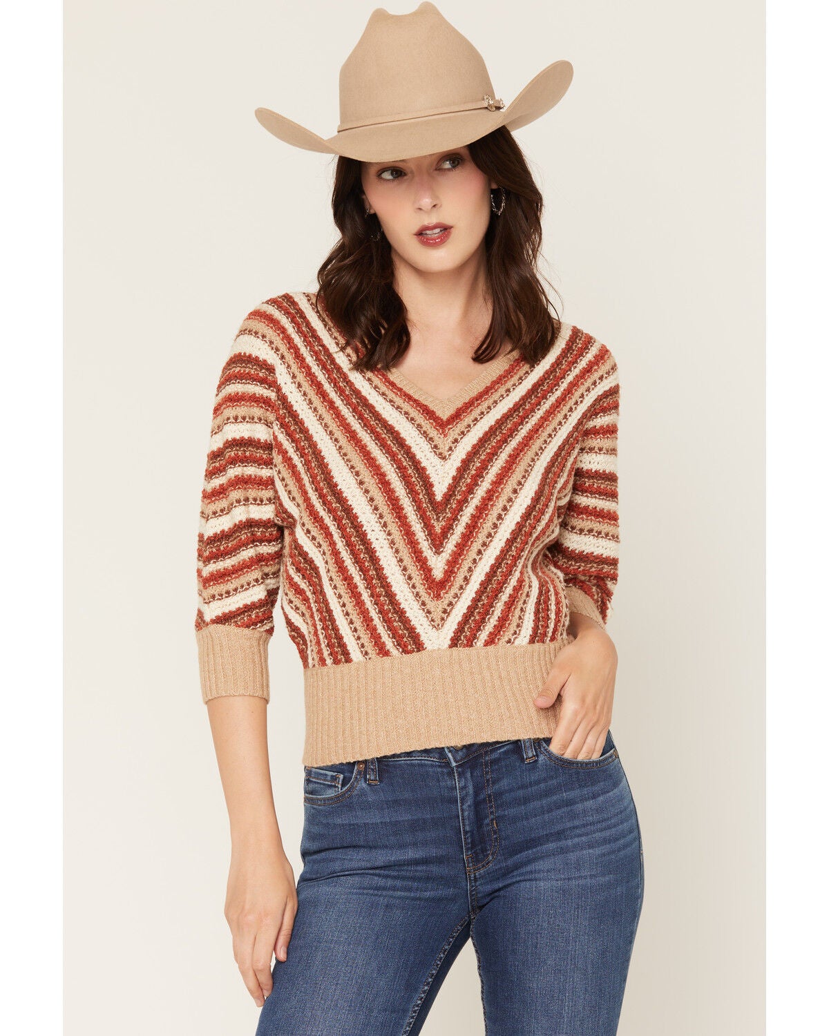 Image #1 - Shyanne Women's Vera Striped Dolman Sweater, Khaki, hi-res