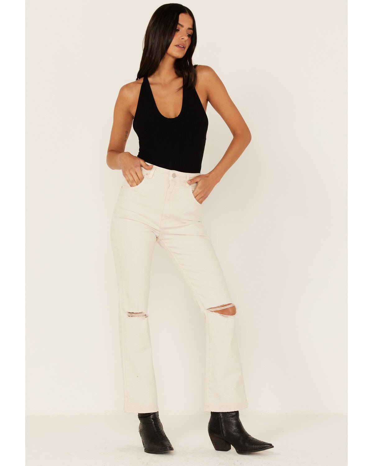 Rolla's Women's High Rise Distressed Cropped Dusters Bootcut Jeans, Off White, hi-res