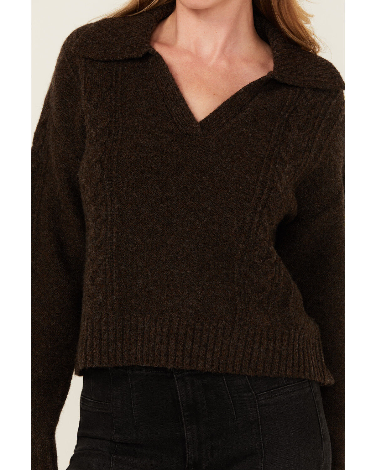 Image #3 - Cleo + Wolf Women's Solid Cable Knit Sweater, Brown, hi-res