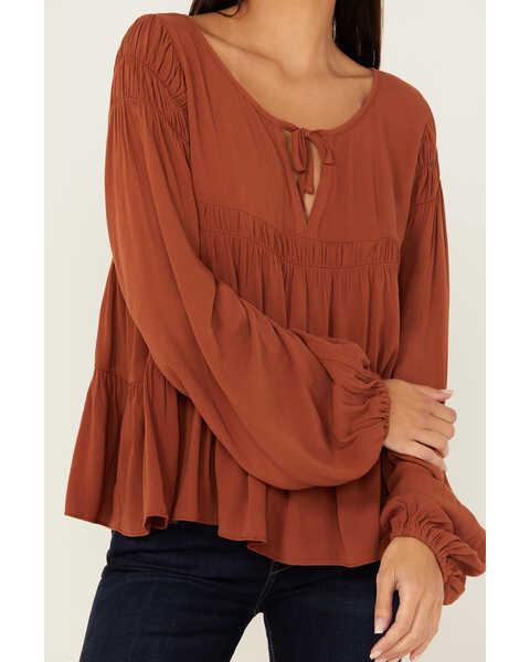 Image #3 - Cleo + Wolf Women's Tiered Flowy Tie Front Blouse , Rust Copper, hi-res