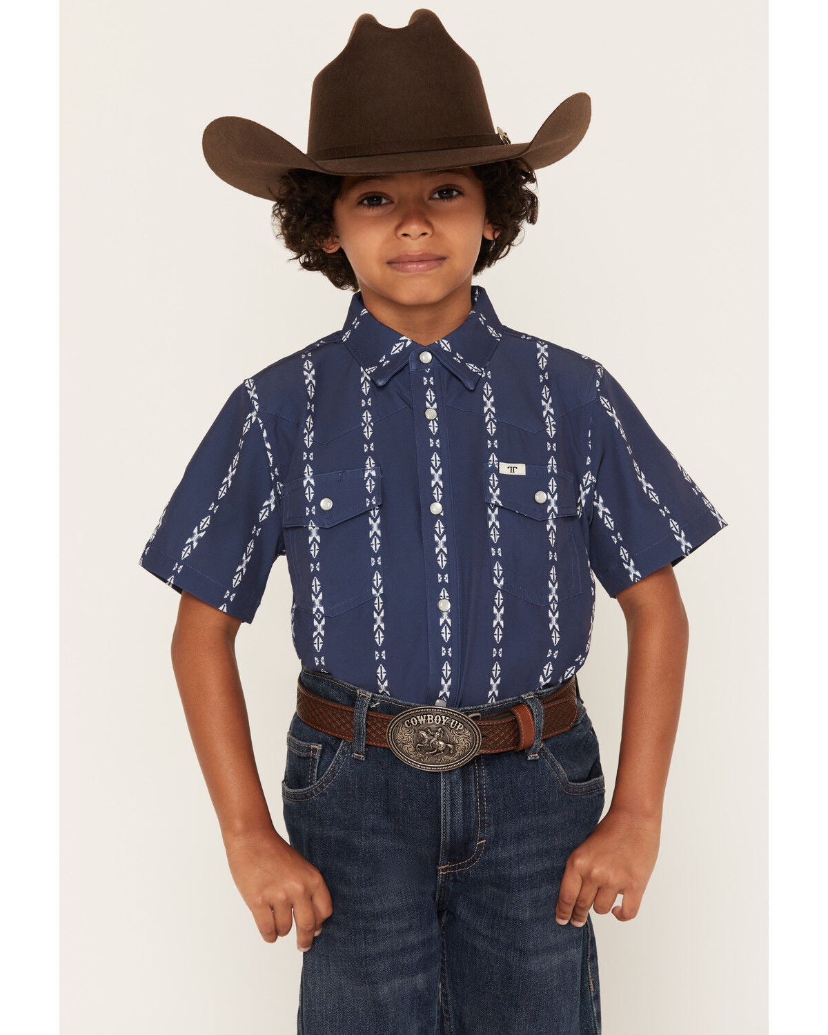 Image #1 - Ferrell Boys' Maverick Tek Striped Short Sleeve Pearl Snap Performance Western Shirt, Blue, hi-res