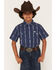 Image #1 - Ferrell Boys' Maverick Tek Striped Short Sleeve Pearl Snap Performance Western Shirt, Blue, hi-res