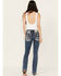 Miss Me Women's Dark Wash Mid Rise Americana Border Stretch Bootcut Jeans, Dark Blue, hi-res