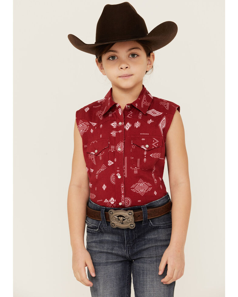 Rank 45 Girls' Southwestern Print Sleeveless Shirt, Red, hi-res