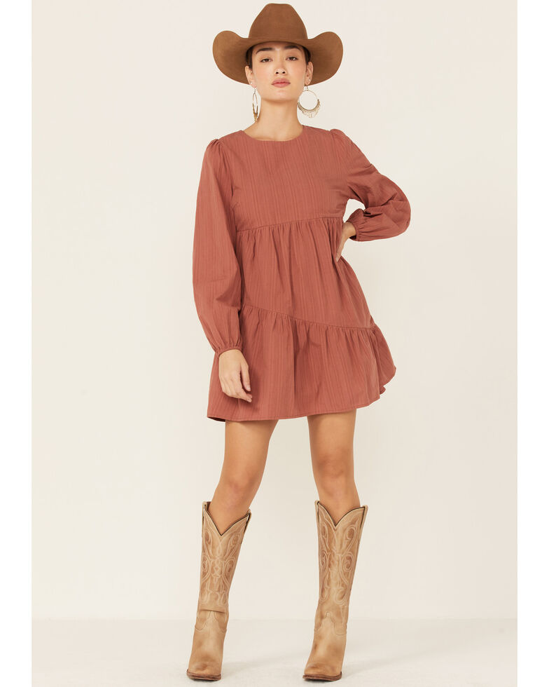 Very J Women's Brick Long Puff Sleeve Baby Doll Mini Dress , Brick Red, hi-res