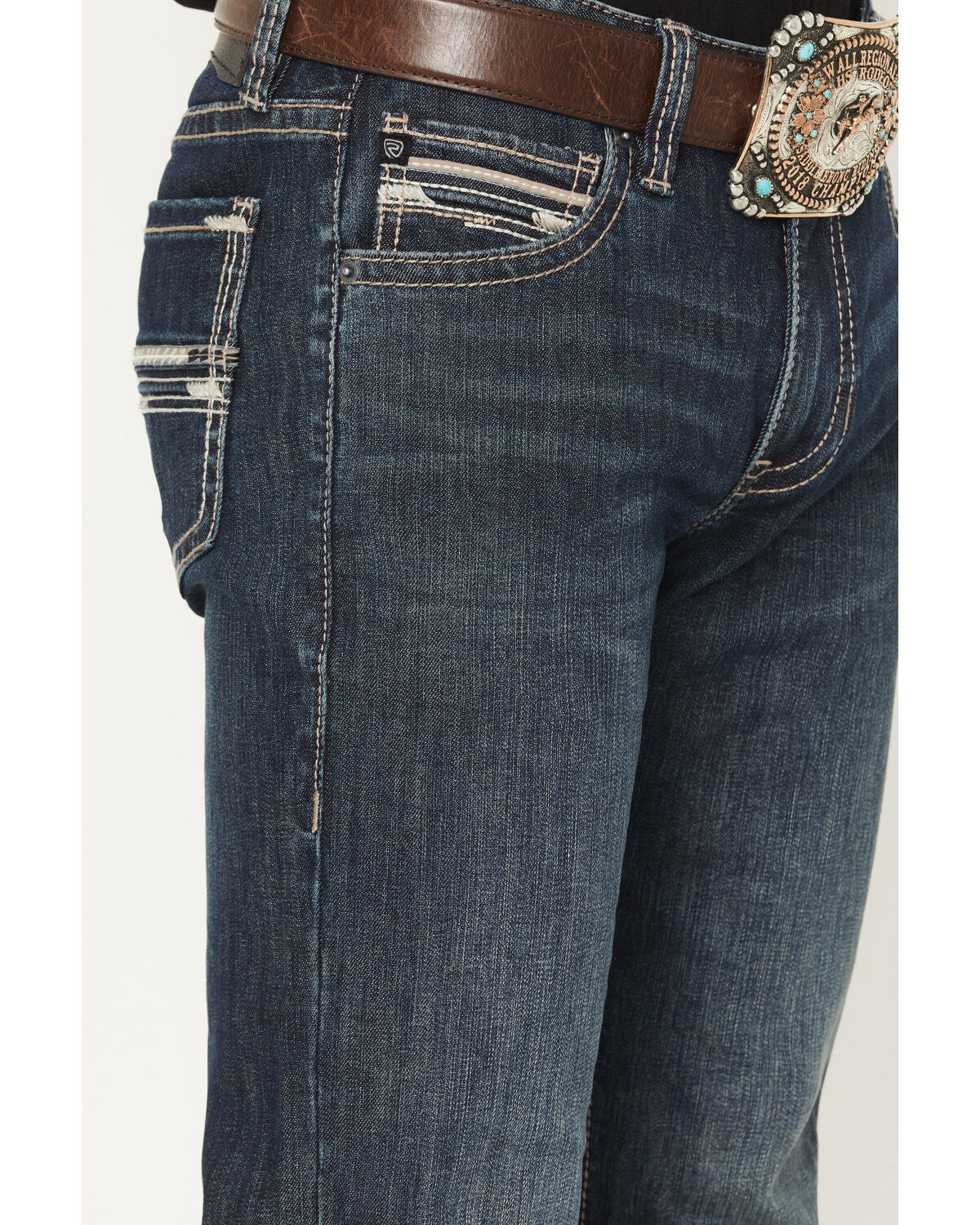 Image #2 - Rock & Roll Denim Men's Revolver Dark Wash Slim Straight Pleather Embroidered Stretch Denim Jeans, Dark Wash, hi-res