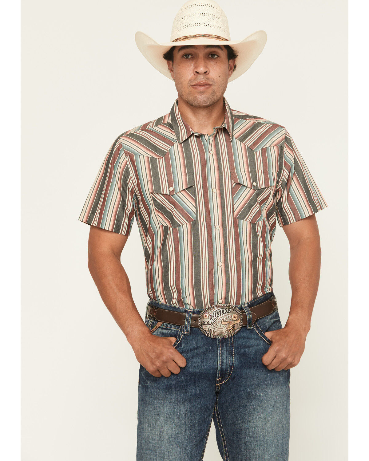 Image #1 - Ariat Men's Haven Striped Print Short Sleeve Snap Western Shirt, Black, hi-res