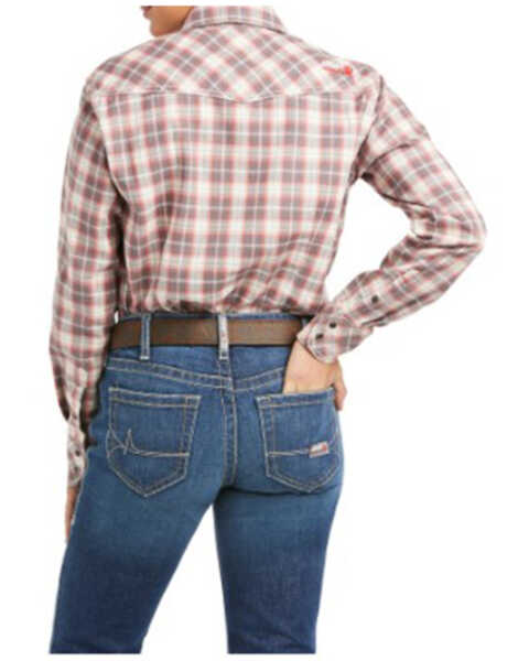 Image #2 - Ariat Women's FR Whittle Plaid Print Retro Fit Long Sleeve Snap Western Work Shirt, Fuscia, hi-res