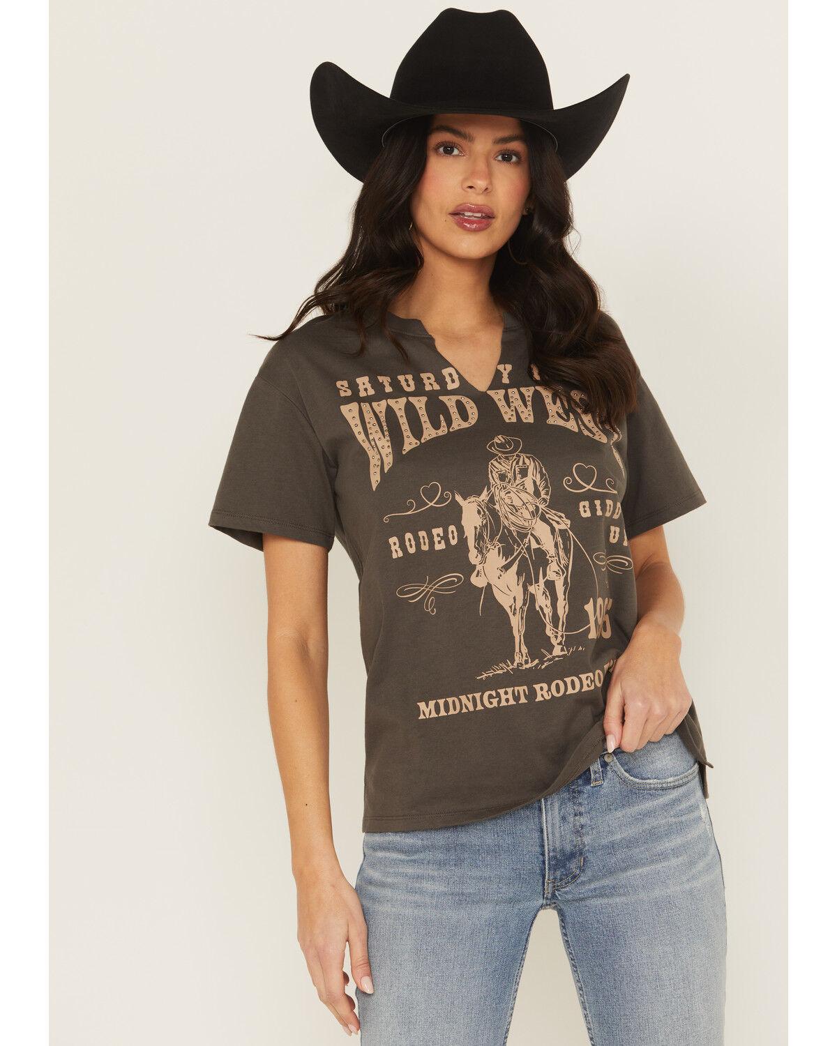 Image #1 - Blended Women's Wild West Studded Short Sleeve Graphic Tee, Grey, hi-res