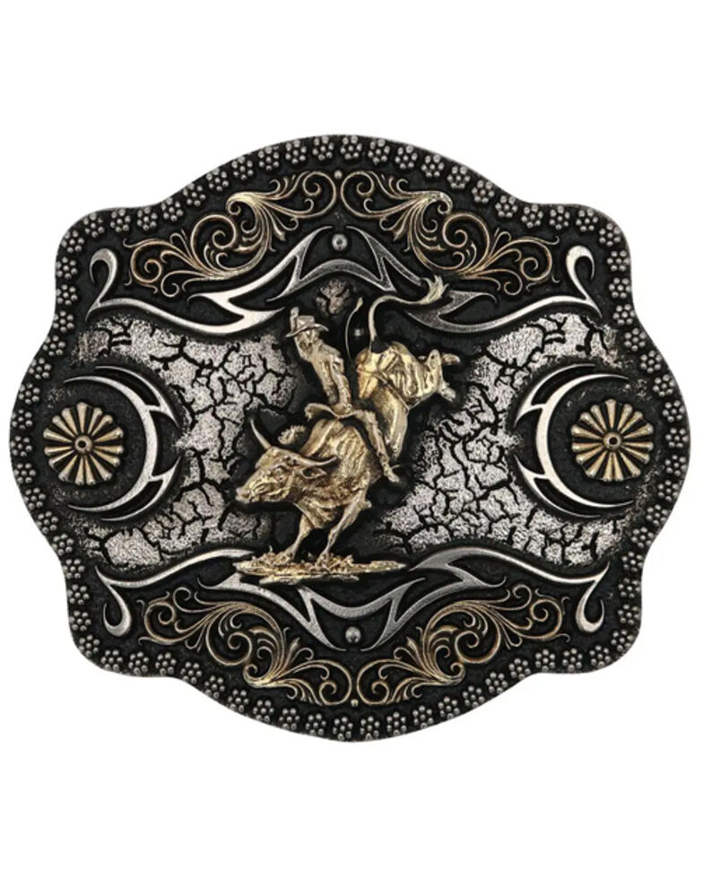 Montana Silversmiths Men's A-Blaze Filigree Framed Bull Rider Belt Buckle, No Color, hi-res