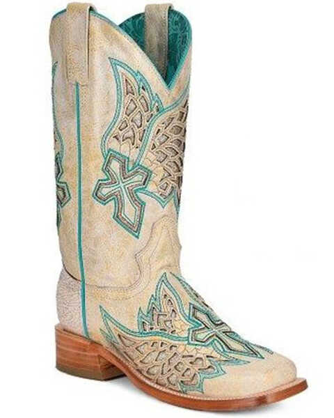 Corral Women's Cross Western Boots - Broad Square Toe, White, hi-res
