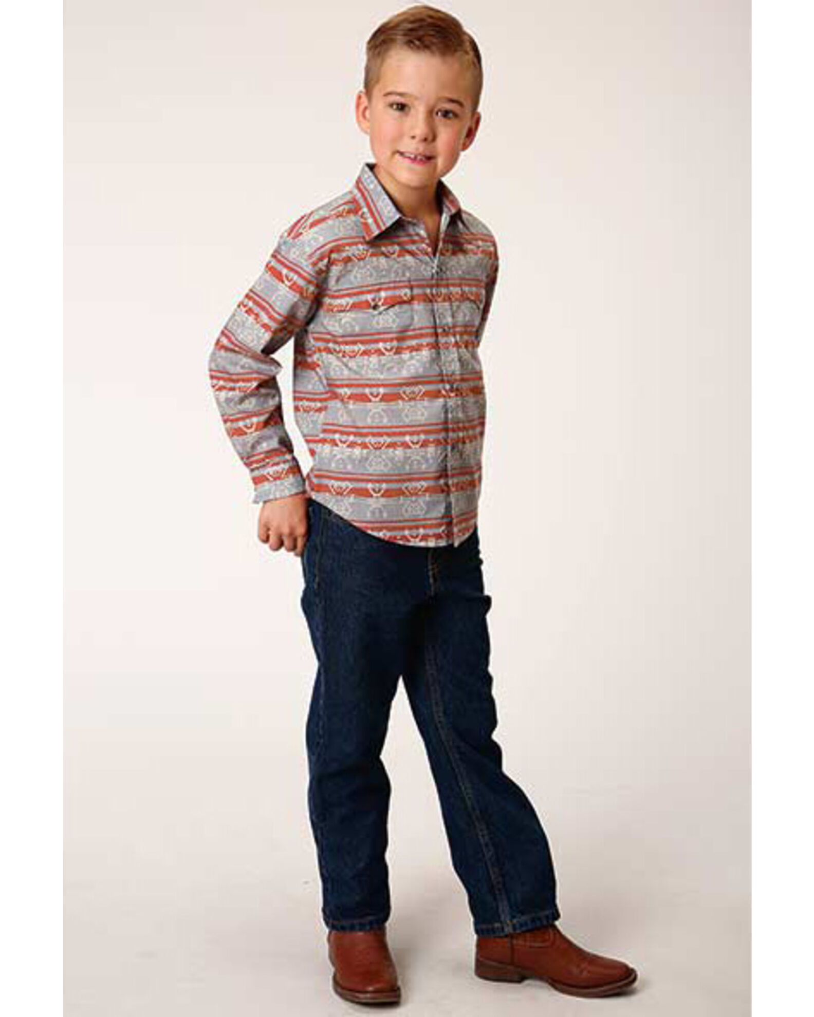 Image #1 - Roper Boys' Southwestern Print Long Sleeve Western Shirt, Grey, hi-res