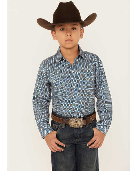 Roper Boys' Amarillo Geo Print Long Sleeve Western Pearl Snap Shirt, Blue, hi-res