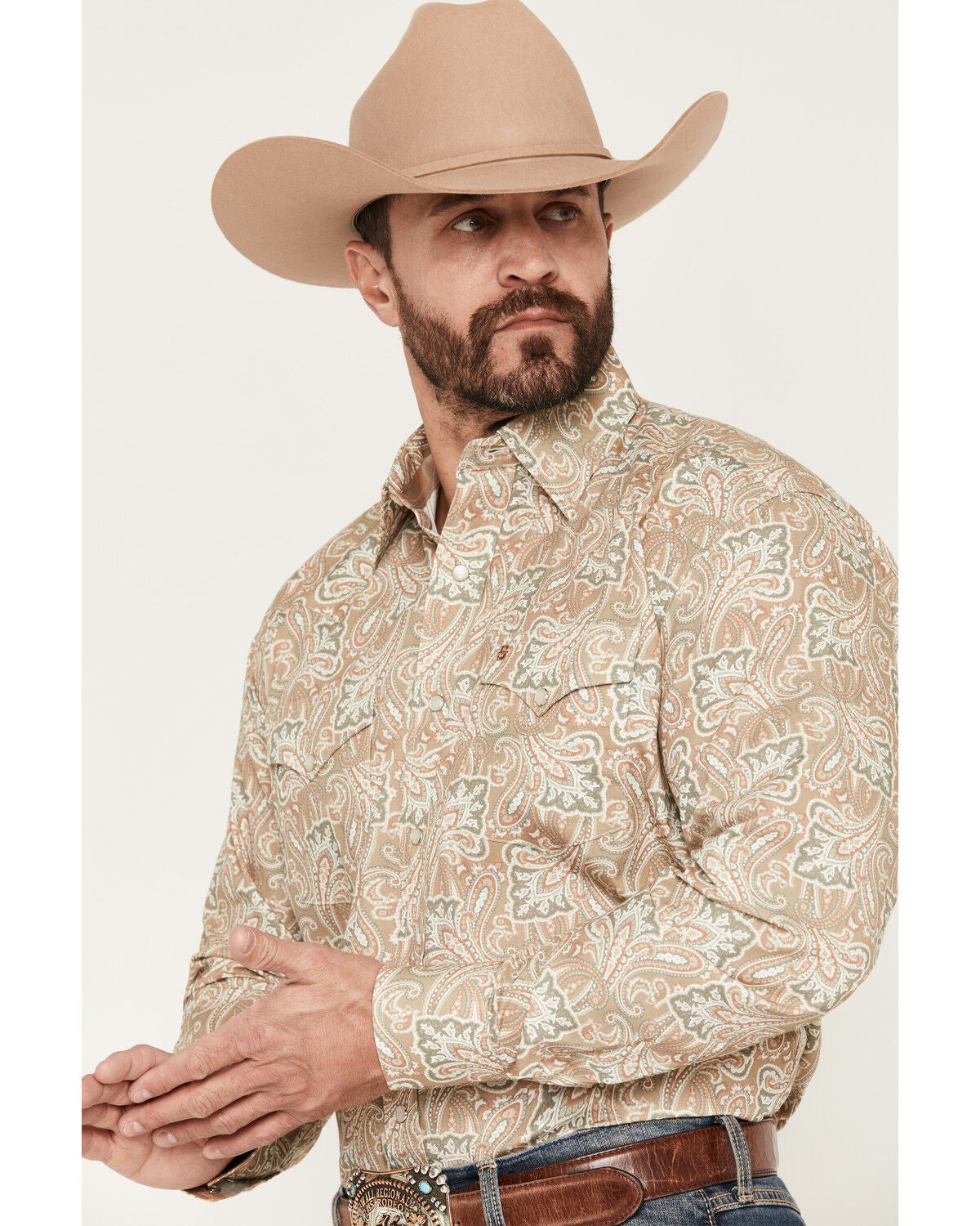 Image #2 - Stetson Men's Paisley Print Long Sleeve Pearl Snap Western Shirt, Tan, hi-res