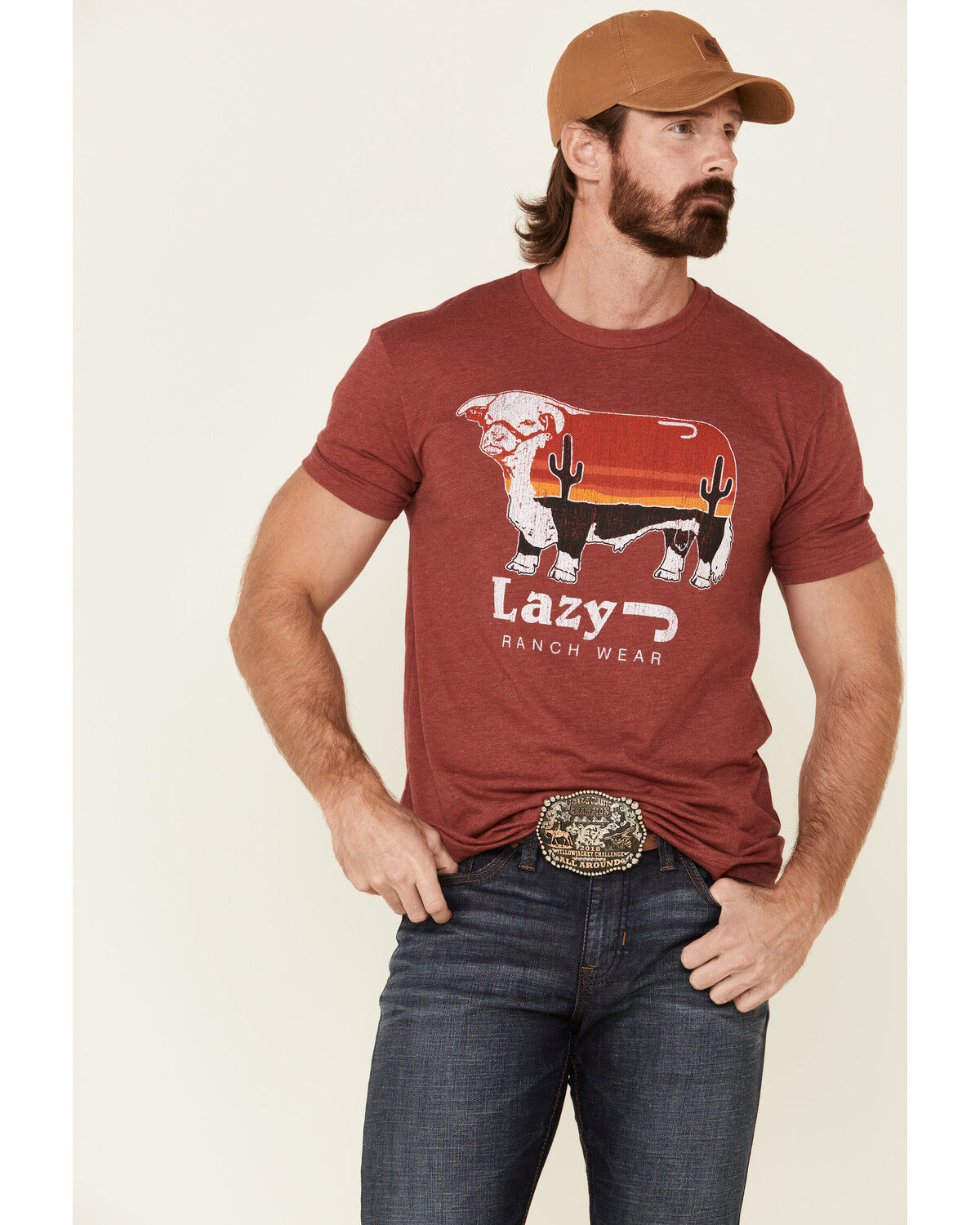 Image #1 - Lazy J Ranch Men's Red Logo Sunrise Graphic T-Shirt, Red, hi-res
