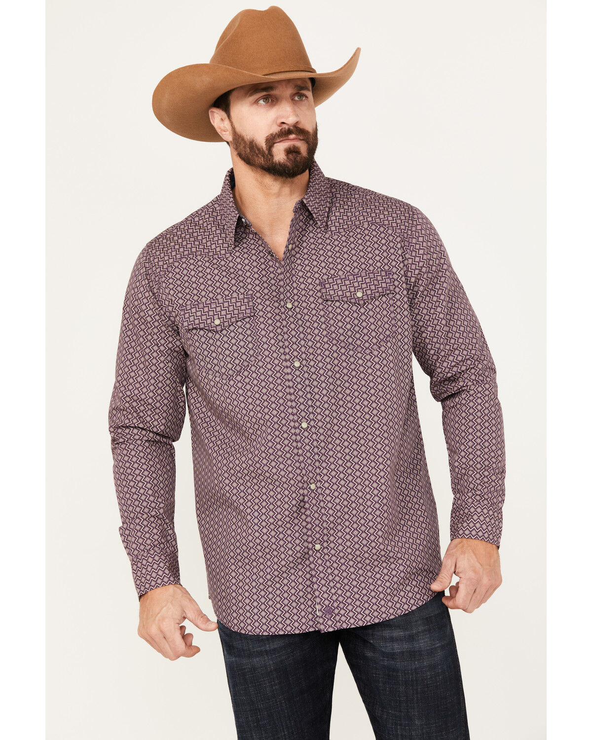 Image #1 - Moonshine Spirit Men's Southwestern Print Long Sleeve Western Pearl Snap Shirt, Purple, hi-res