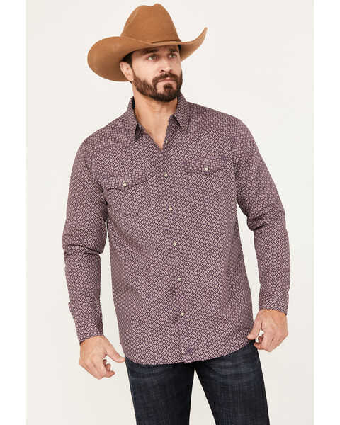Image #1 - Moonshine Spirit Men's Southwestern Print Long Sleeve Western Pearl Snap Shirt, Purple, hi-res