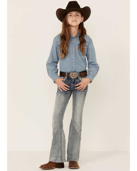 Grace In LA Girls' (7-16) Medium Wash Border Pocket Bootcut Jeans , Blue, hi-res