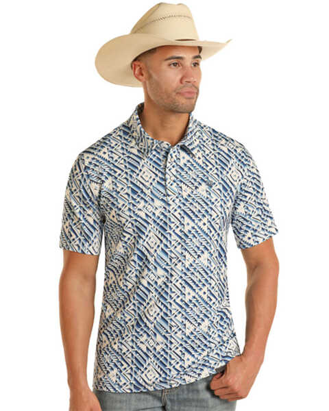 Image #1 - Panhandle Men's Southwestern Print Short Sleeve Performance Polo Shirt , Blue, hi-res