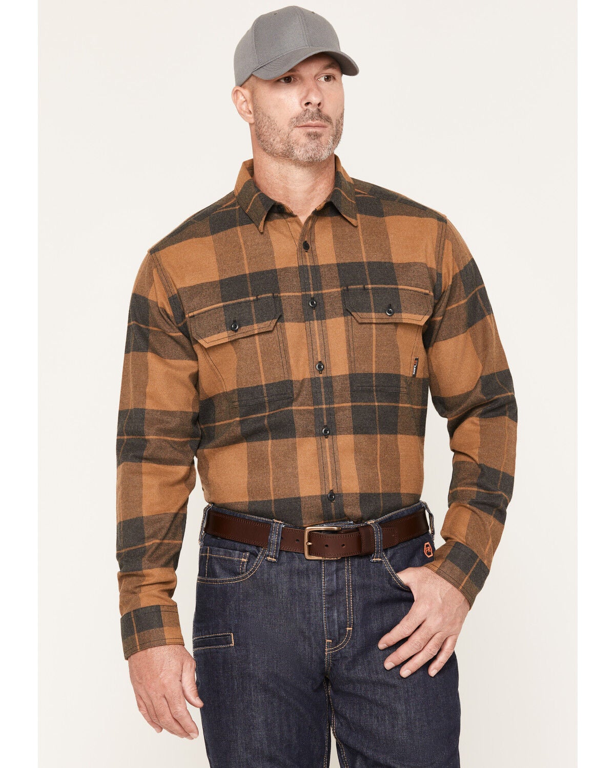 Image #1 - Hawx Men's FR Nordmann Plaid Print Long Sleeve Button-Down Flannel Work Shirt, Khaki, hi-res