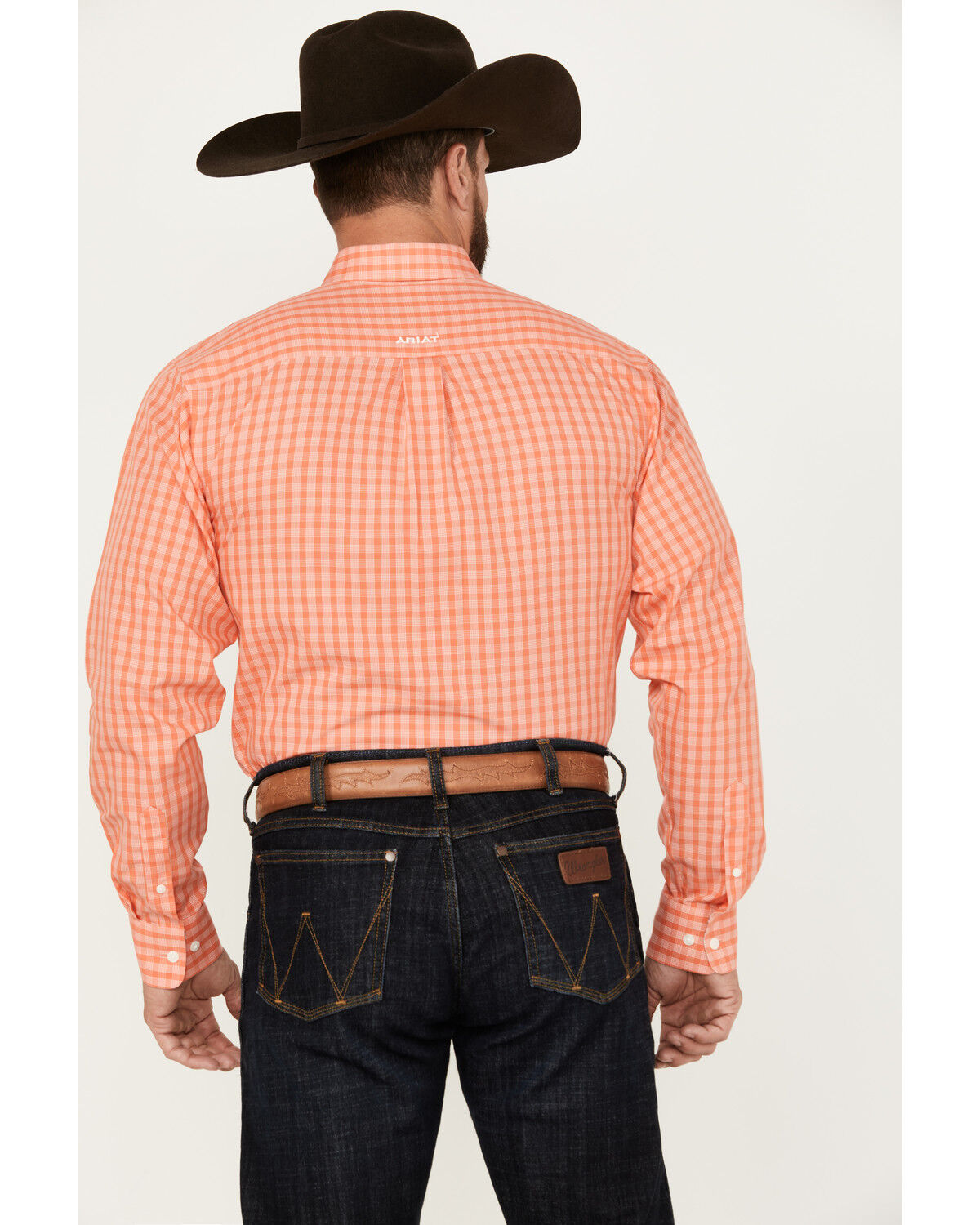 Image #4 - Ariat Men's Wrinkle Free Winston Plaid Print Button-Down Long Sleeve Western Shirt, Coral, hi-res