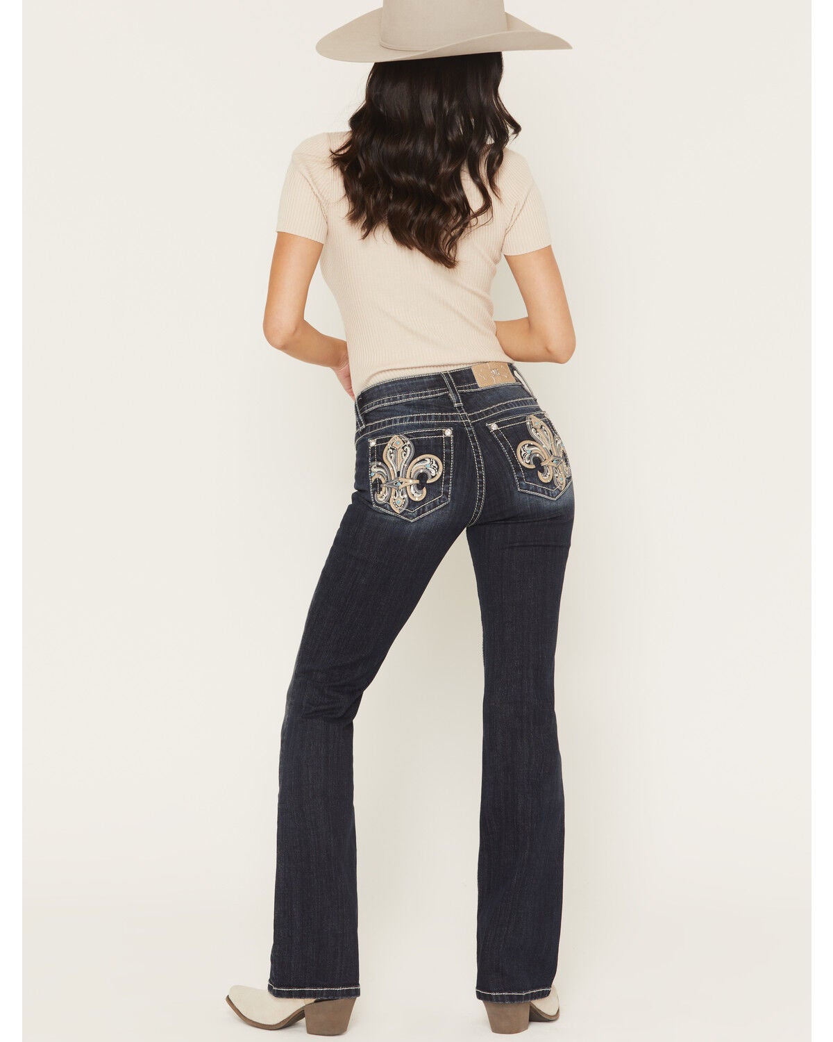 Image #1 - Miss Me Women's Medium Wash Mid Rise Fleur De Lis 32" Bootcut Stretch Denim Jeans, Medium Wash, hi-res