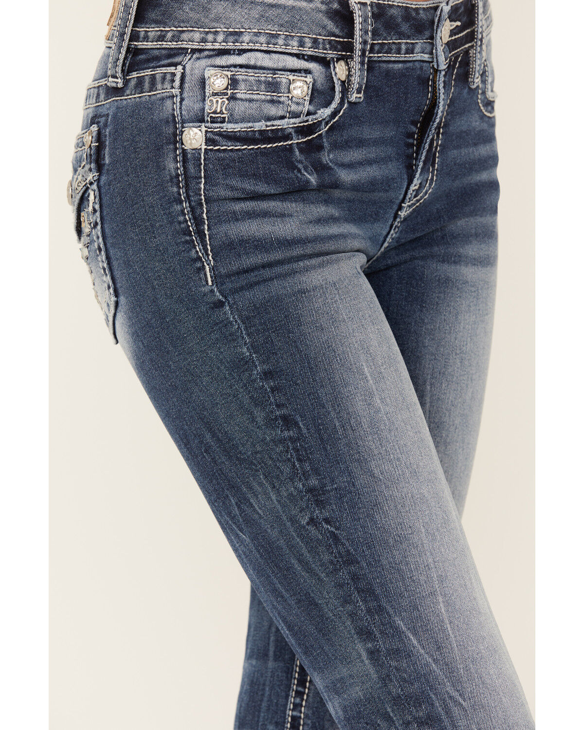 Image #4 - Miss Me Women's Medium Wash Mid Rise Embroidered Pocket Bootcut Jeans, , hi-res