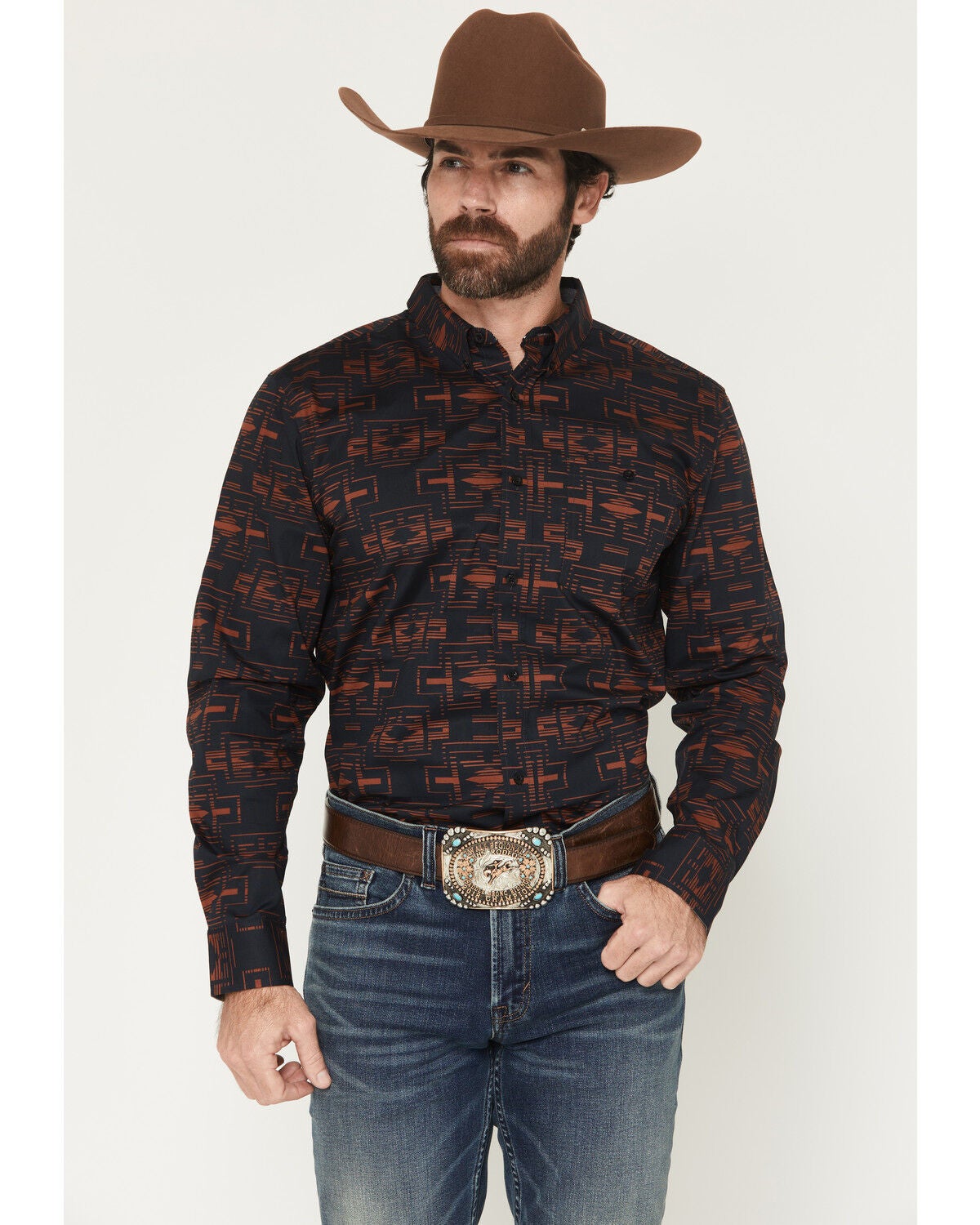RANK 45&reg; Men's Stormy Sea Southwestern Print Long Sleeve Button-Down Stretch Western Shirt, Navy, hi-res