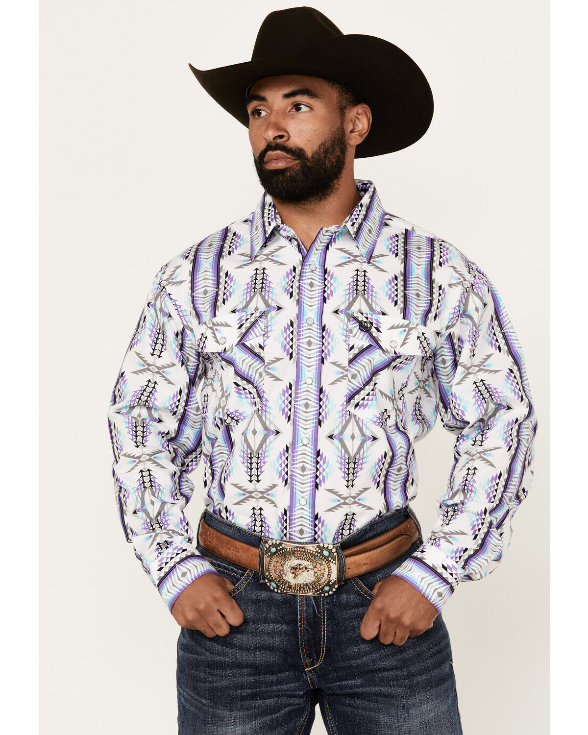 Image #1 - Panhandle Select Men's Boot Barn Exclusive Southwestern Print Long Sleeve Pearl Snap Western Shirt, White, hi-res