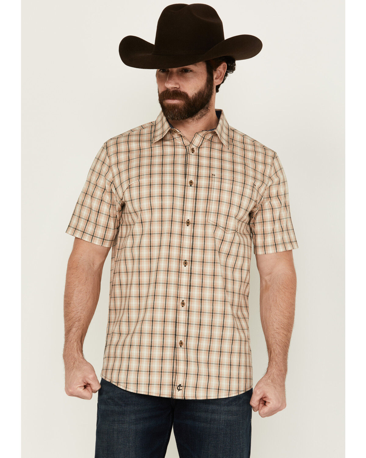 Image #1 - Cody James Men's Adios Plaid Print Short Sleeve Button-Down Western shirt, Tan, hi-res