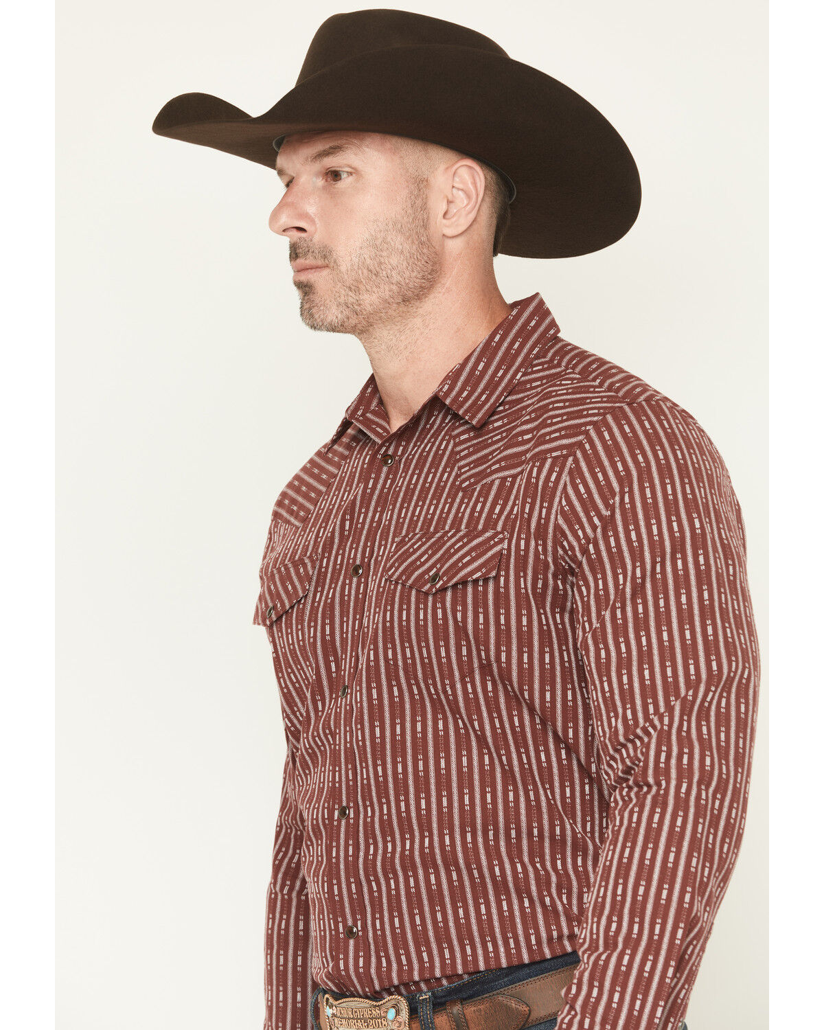 Image #2 - Gibson Trading Co Men's Buckshot Striped Print Long Sleeve Snap Stretch Western Shirt, Burgundy, hi-res
