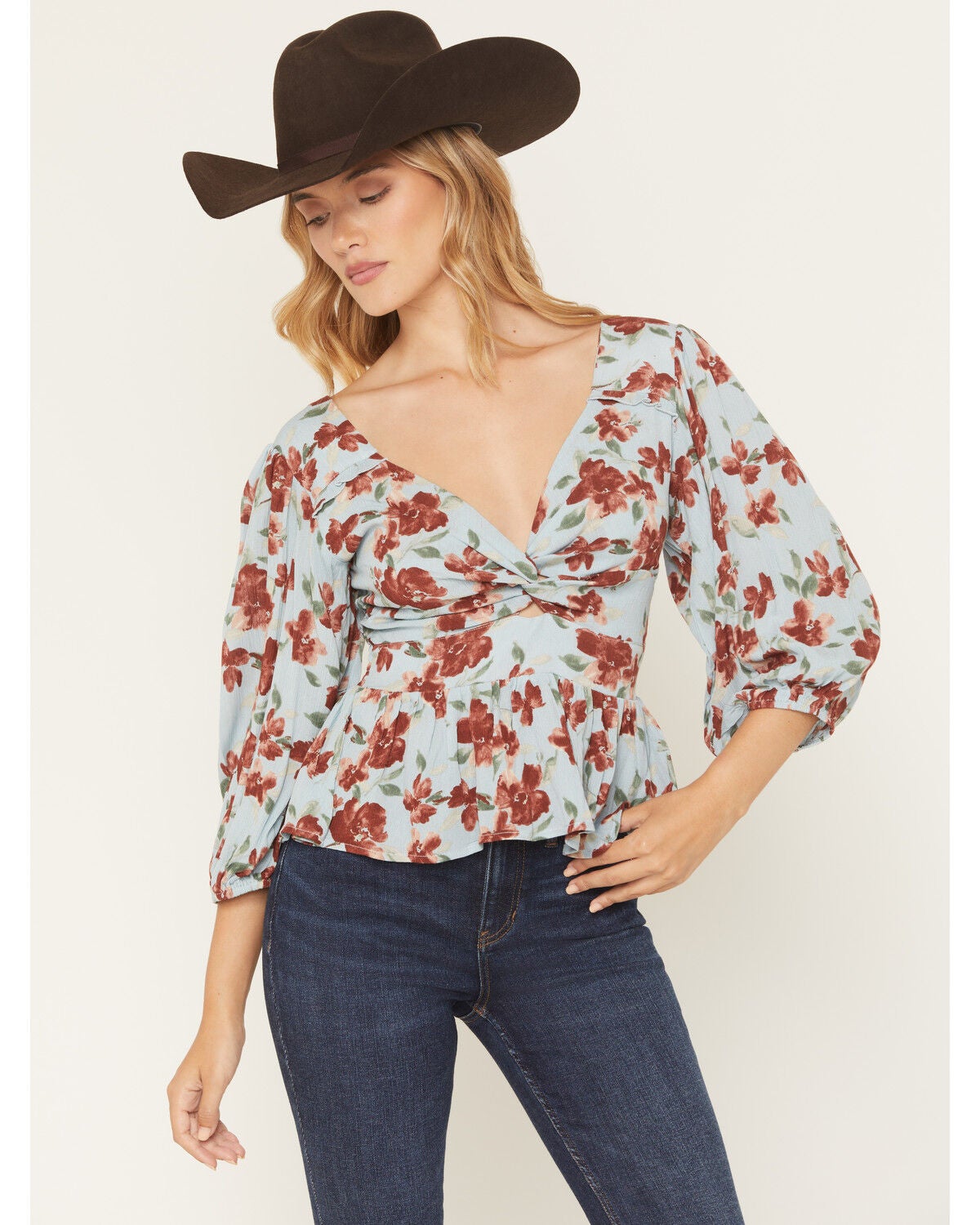 Wild Moss Women's Floral Knot Front Print Top, Blue, hi-res