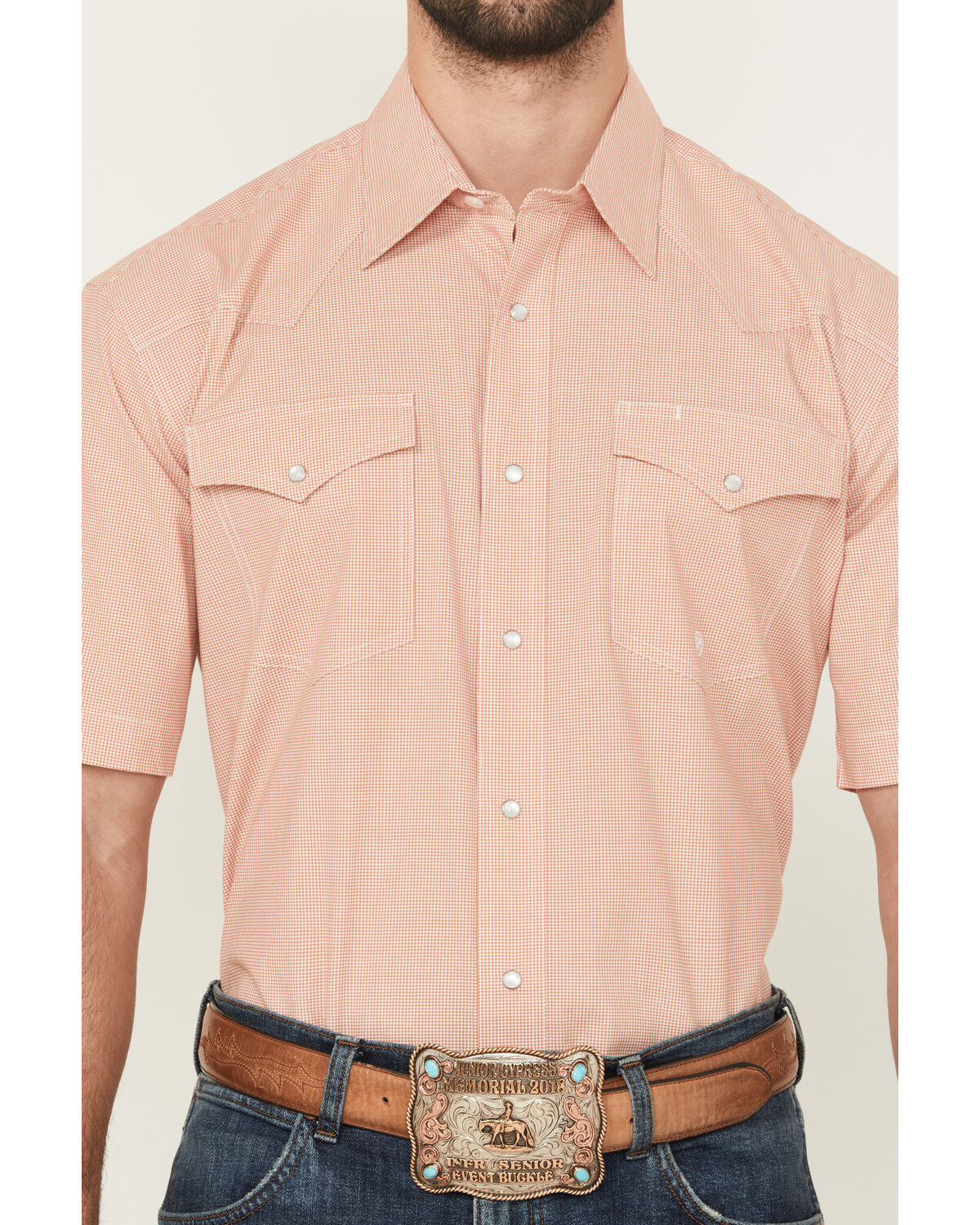 Image #3 - Roper Men's Amarillo Plaid Print Short Sleeve Pearl Snap Stretch Western Shirt, Orange, hi-res
