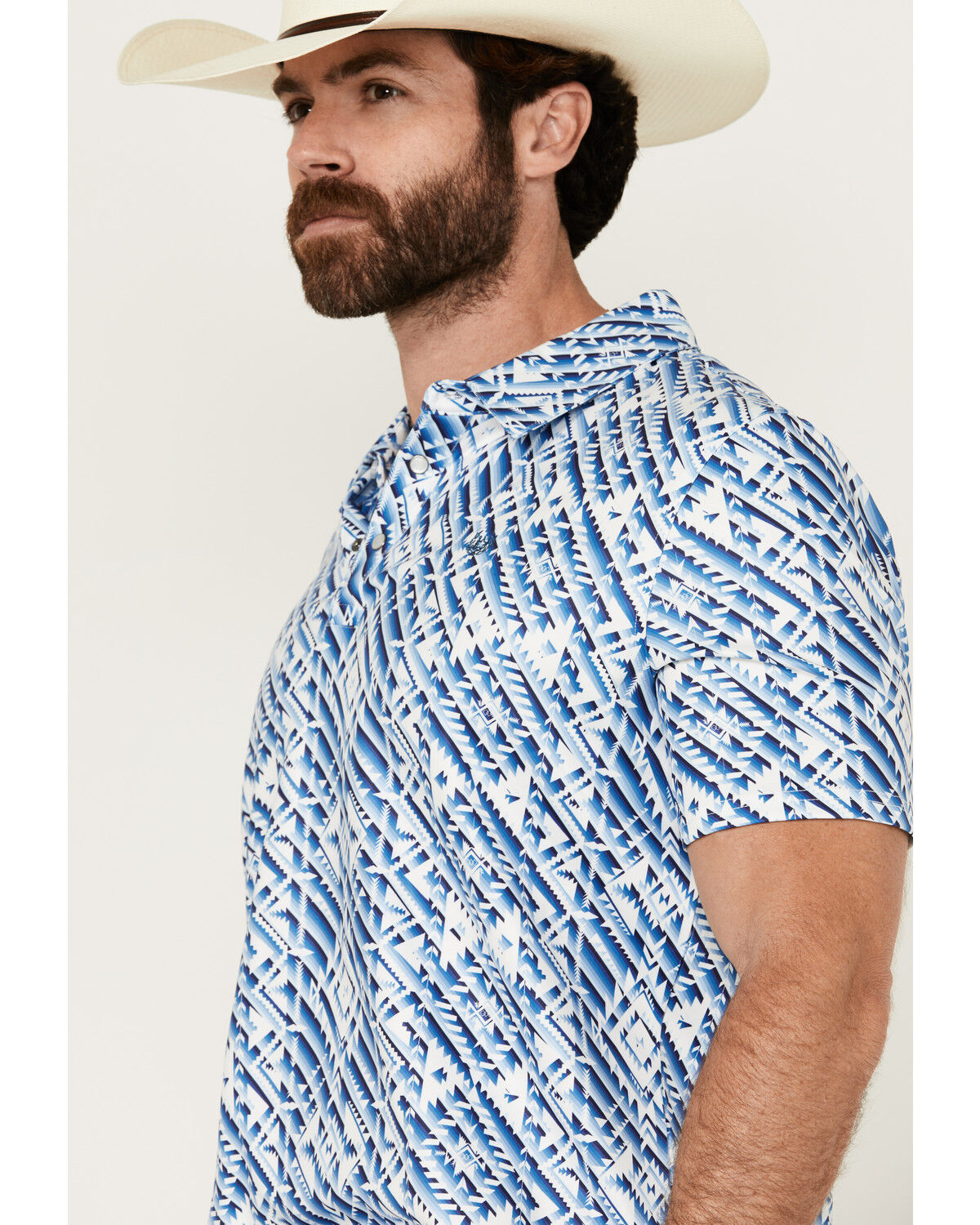 Image #2 - Panhandle Men's Southwestern Print Short Sleeve Performance Polo Shirt, Blue, hi-res