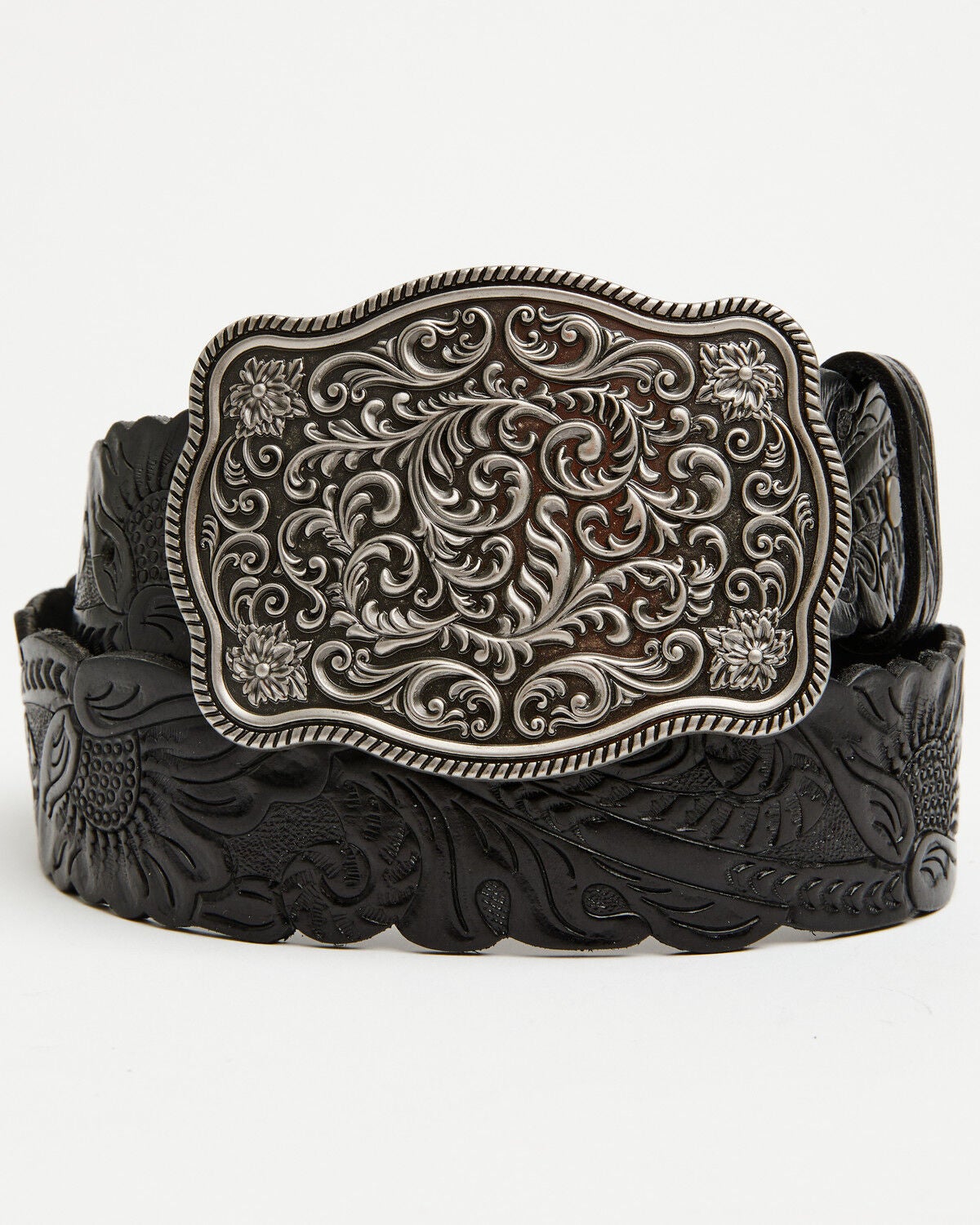 Shyanne Women's Floral Tooled Buckle Belt, Black, hi-res