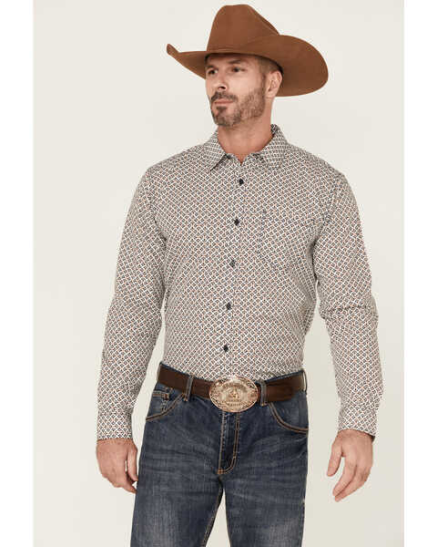 Gibson Men's Key Hole Geo Print Long Sleeve Button Down Western Shirt , Navy, hi-res