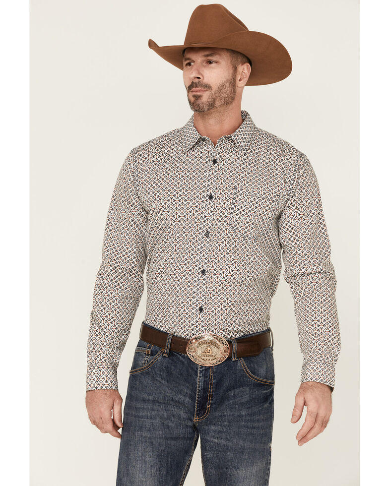 Gibson Men's Key Hole Geo Print Long Sleeve Button-Down Western Shirt , Navy, hi-res