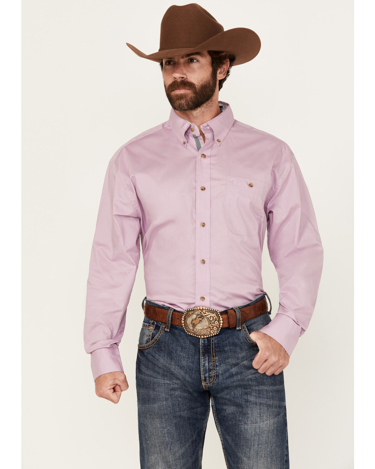 Image #1 - George Strait by Wrangler Men's Solid Long Sleeve Button-Down Stretch Western Shirt, Lavender, hi-res