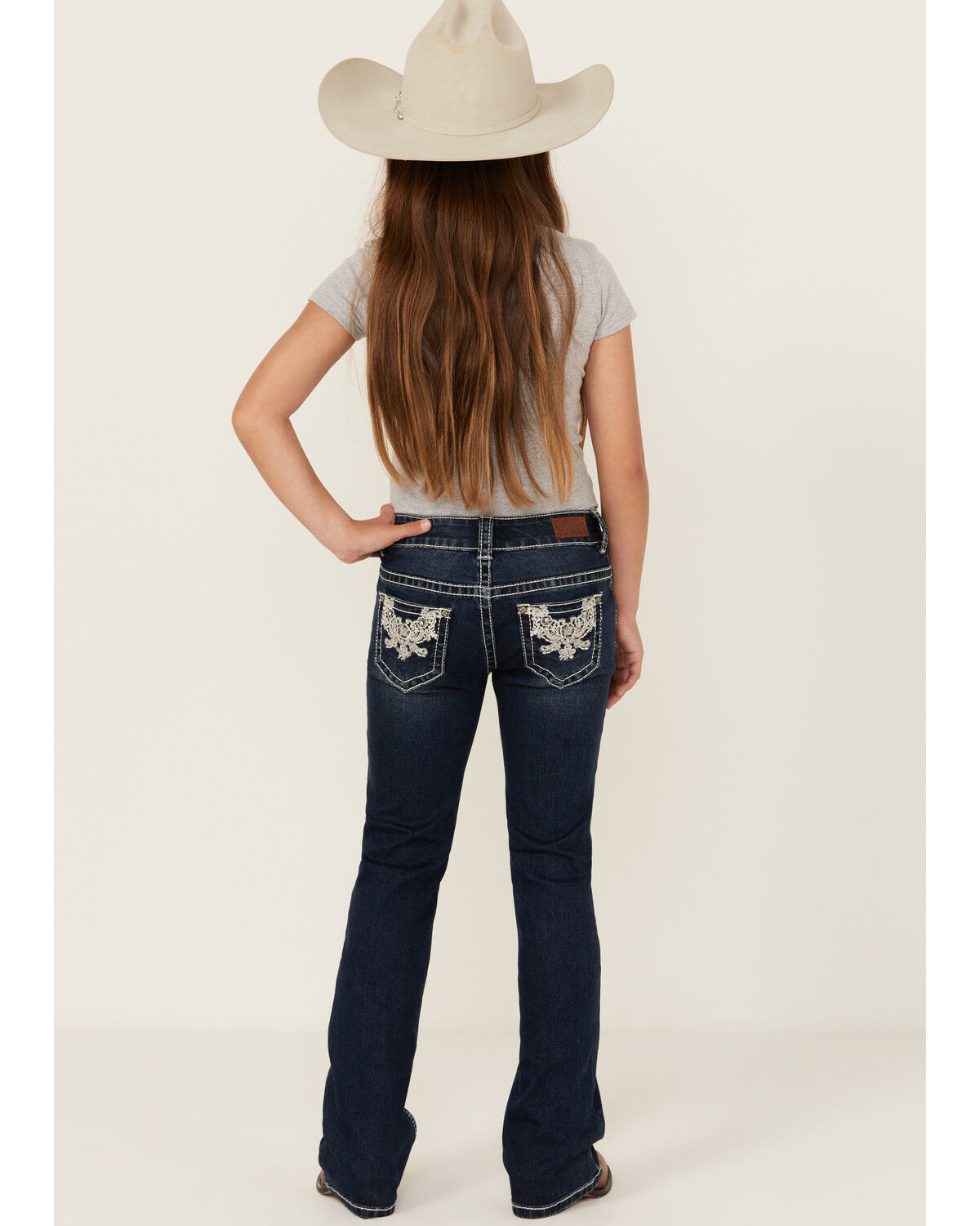Image #3 - Shyanne Girls' Dark Wash Lace Pockets Bootcut Stretch Denim Jeans, Dark Wash, hi-res