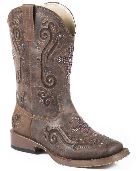 Roper Girls' Pink Crystal Cross Cowgirl Boots - Square Toe, Brown, hi-res
