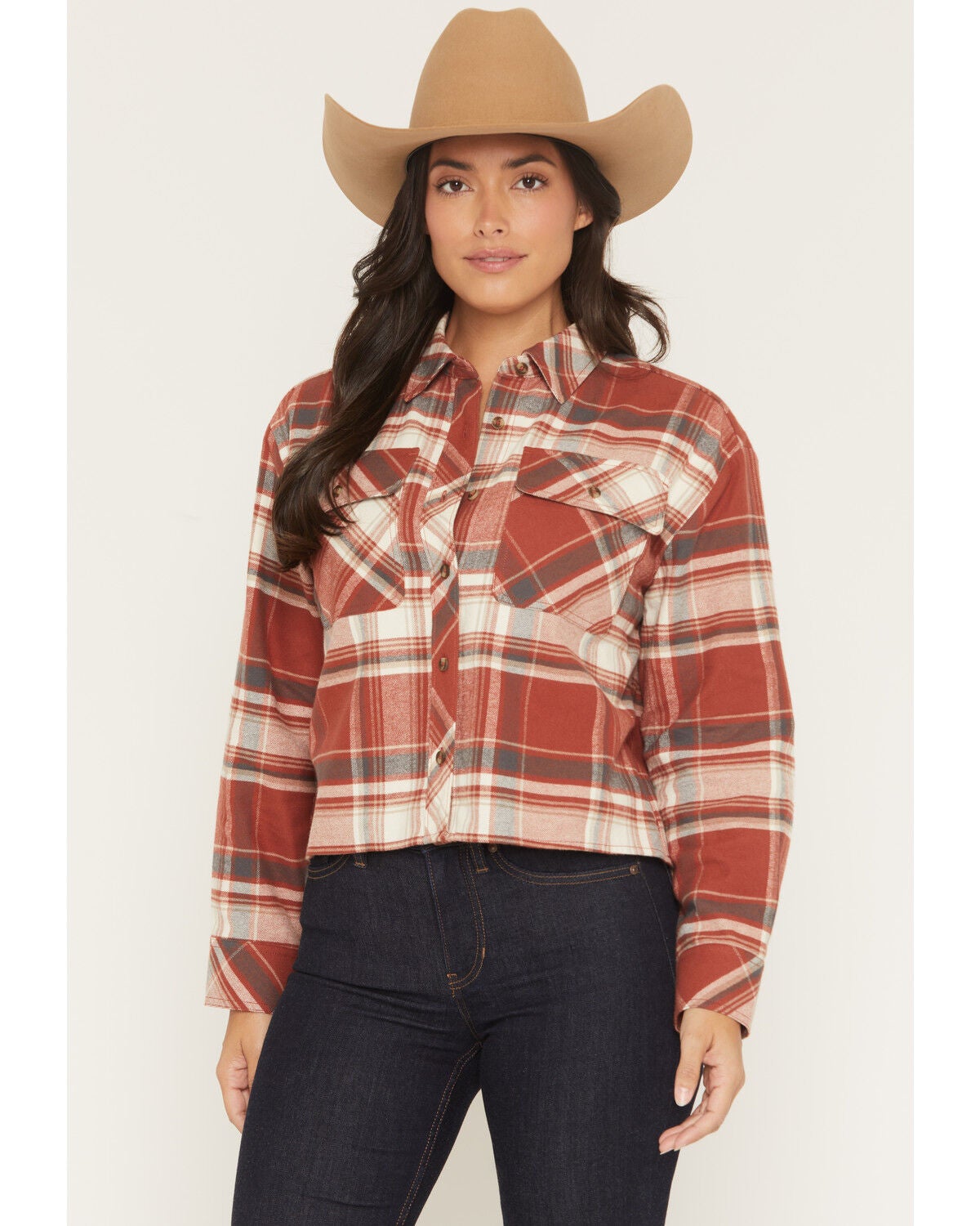 Shyanne Women's Pershing Plaid Print Long Sleeve Cropped Flannel Shirt, Caramel, hi-res