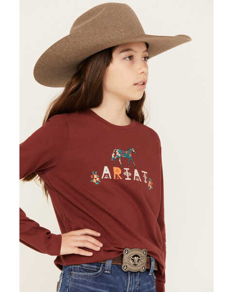 Image #2 - Ariat Girls' Blossom Pony Long Sleeve Graphic Tee, Brick Red, hi-res