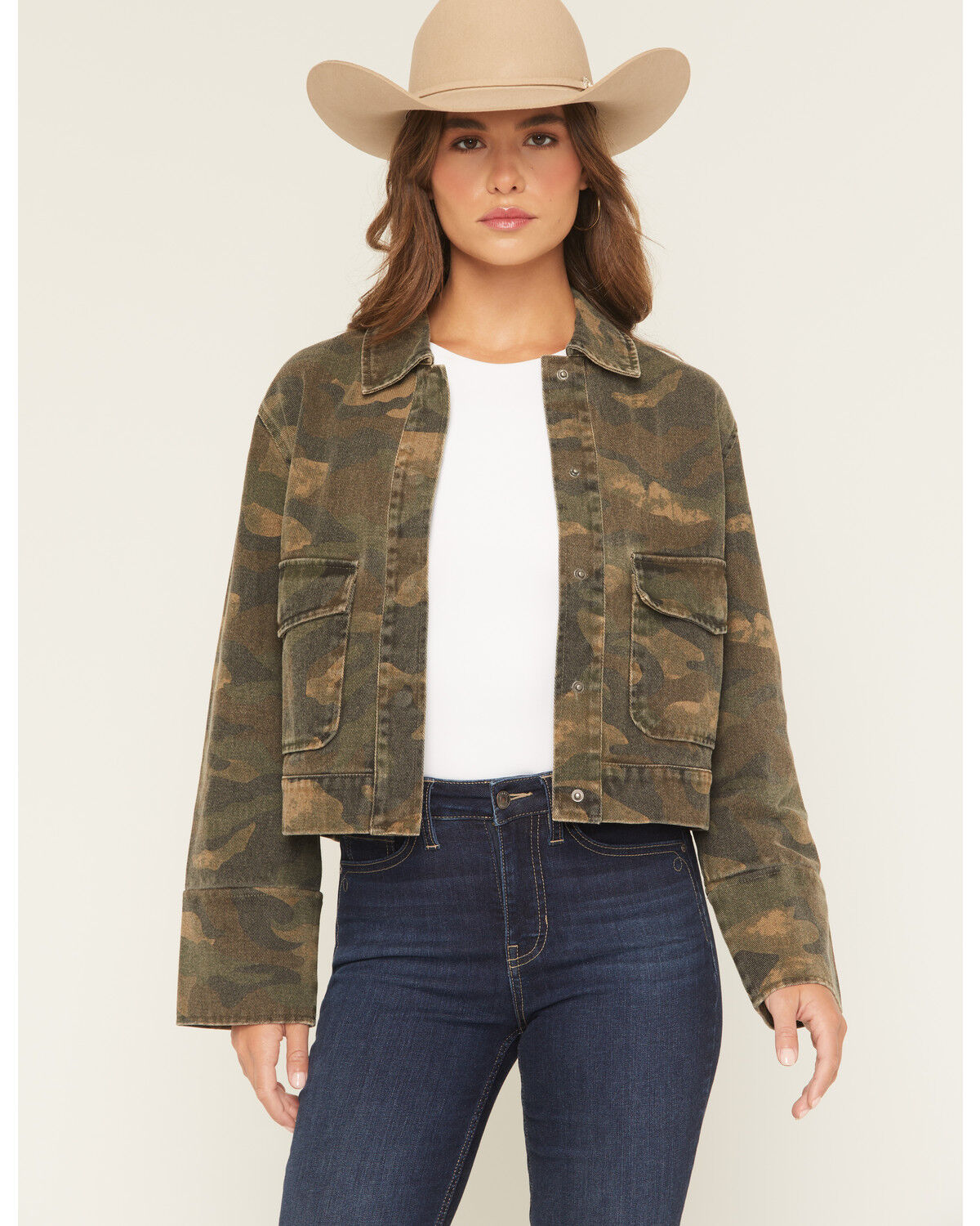 Image #1 - Ashley Women's Camo Print Denim Shacket, Green, hi-res