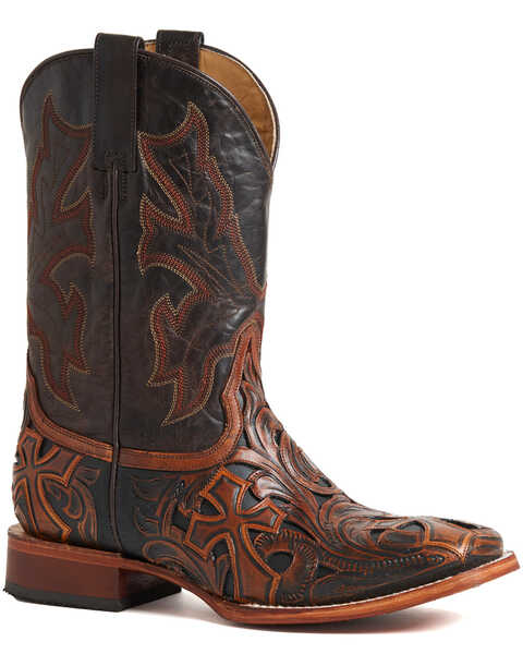 Image #1 - Stetson Men's Handtooled Cross Boots - Square Toe , Brown, hi-res