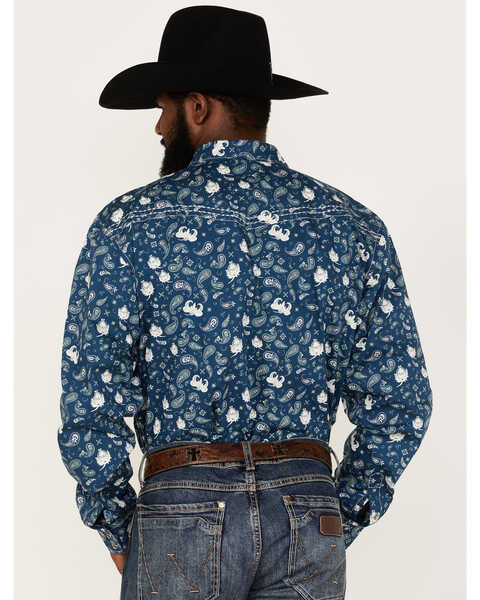 Image #4 - Cowboy Hardware Men's Paisley Print Long Sleeve Pearl Snap Western Shirt, Blue, hi-res